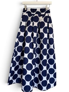 Persun Navy Polka Dot Maxi Skirt Box Pleat High Waist Pockets Size 4 NWT